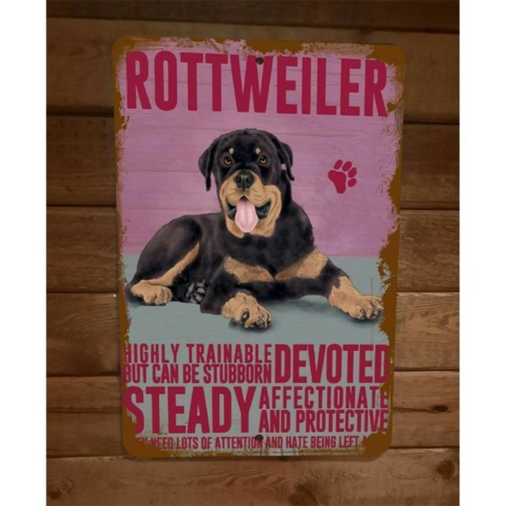 Rottweiler Trainable Devoted Stubborn Protective Dog 8x12 Metal Wall Animal Sign